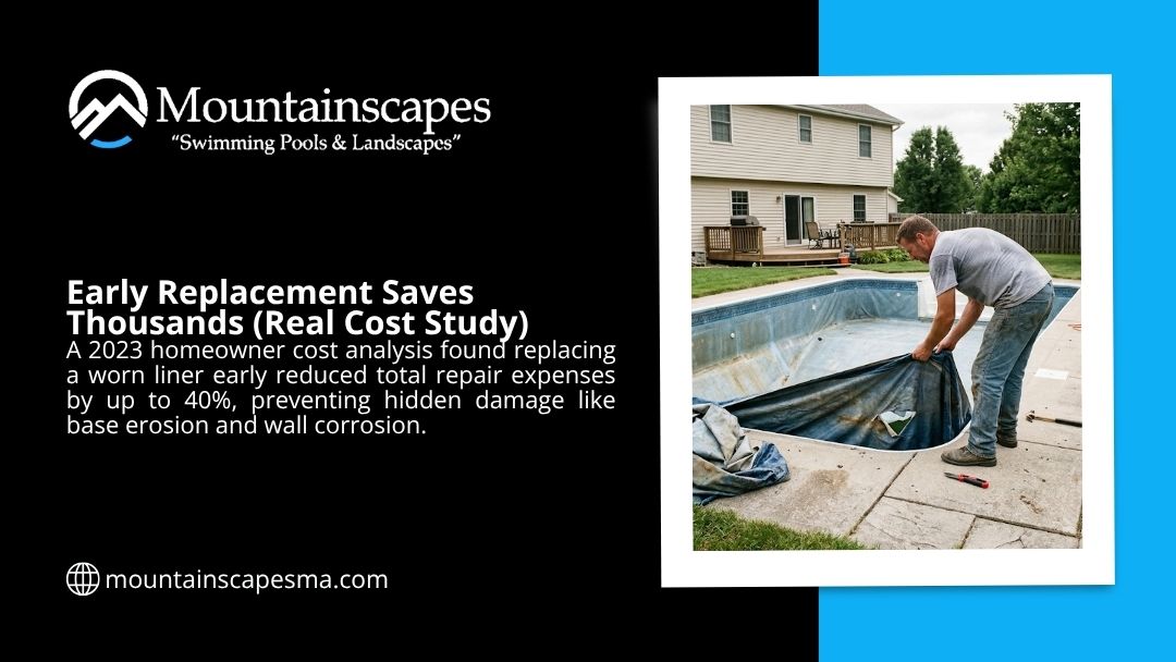 Pool technician removing worn vinyl liner from inground pool — early pool liner replacement saves thousands by reducing repair costs up to 40%.
