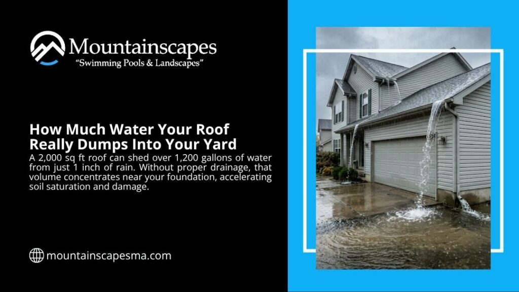 Water overflowing from clogged gutters onto flooded driveway during rainstorm — how much water your roof really dumps into your yard causing foundation damage.