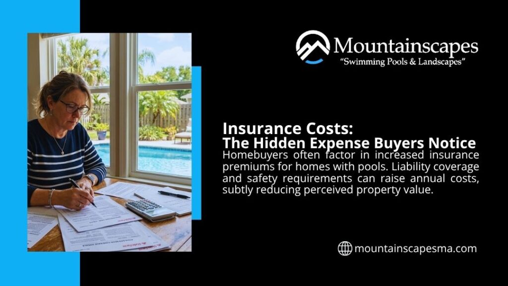 Homeowner reviewing insurance costs and documents at a table with a backyard pool visible through the window.
