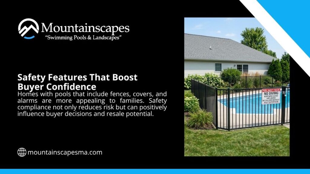 Pool safety fence with locked gate and safety rules sign boosting buyer confidence in a residential backyard.