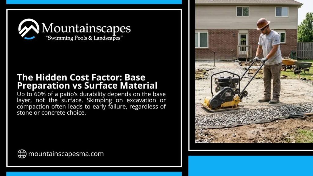 Contractor compacting gravel base for a patio showing the hidden cost factor of base preparation vs surface material.