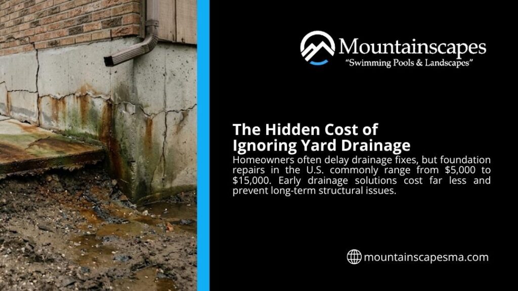 Cracked and water-stained foundation wall with pooling water and soil erosion — the hidden cost of ignoring yard drainage causing $5,000–$15,000 repairs.