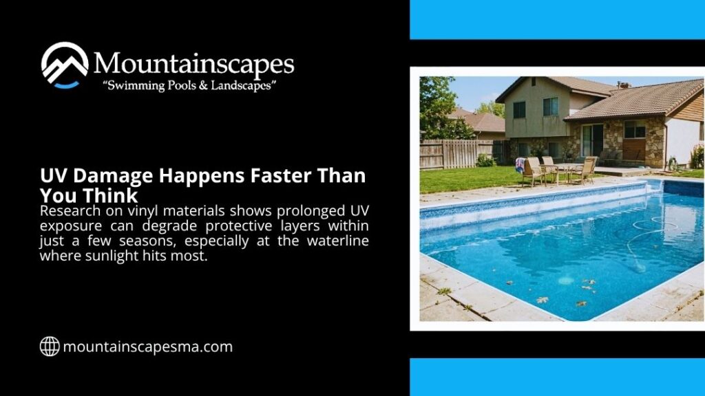 Sun-exposed backyard inground pool showing waterline area — UV damage happens faster than you think degrading vinyl pool liner within just a few seasons.
