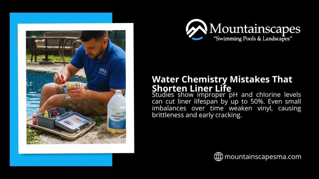 Pool technician testing water chemistry with pH kit beside chlorinating liquid — water chemistry mistakes that shorten liner life by up to 50%.