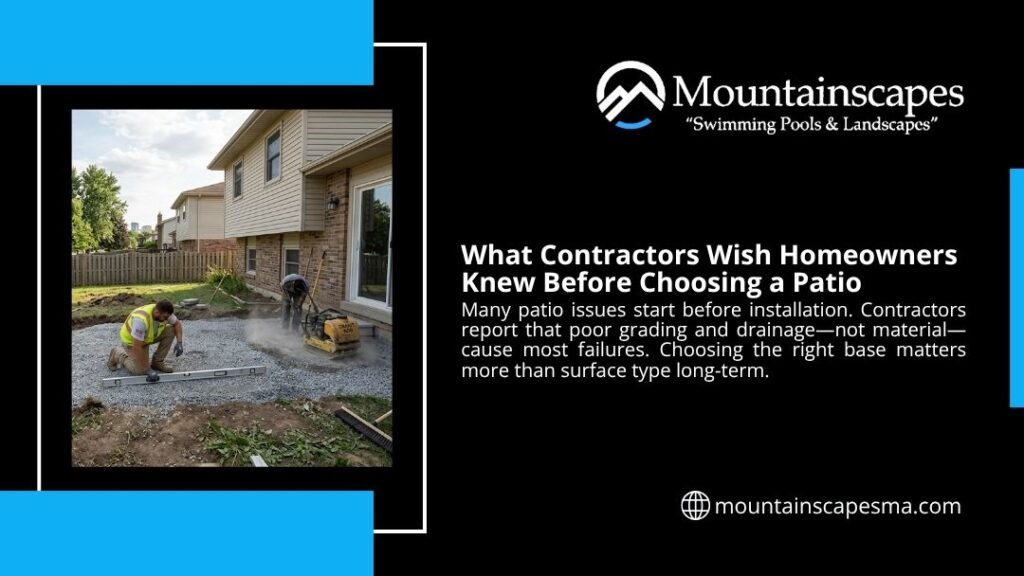 Contractors preparing a patio base with proper grading and compaction showing what homeowners should know before choosing a patio.