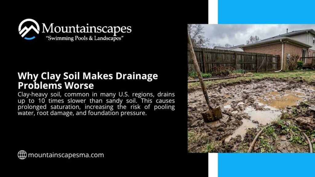 Clay soil causing drainage problems in a waterlogged backyard with pooling water and mud near a residential home.