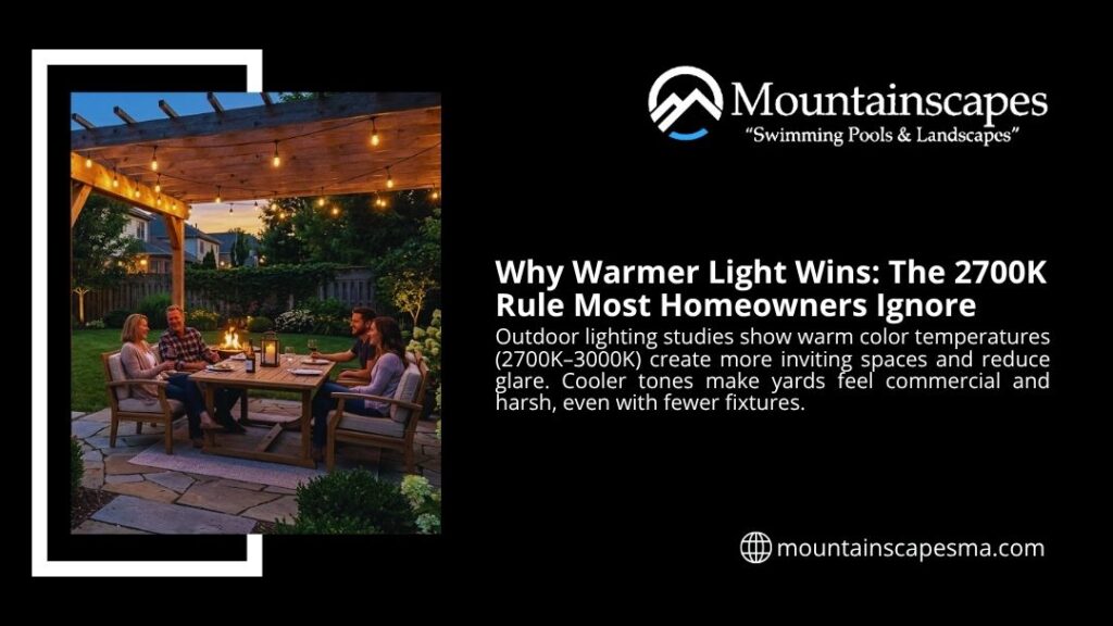 Family enjoying a backyard patio under warm 2700K outdoor lighting with string lights, pergola, and a fire lantern at dusk.