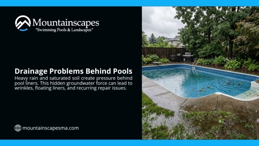 A backyard pool surrounded by waterlogged saturated ground after heavy rain, illustrating drainage problems behind pools that cause liner floating and wrinkles