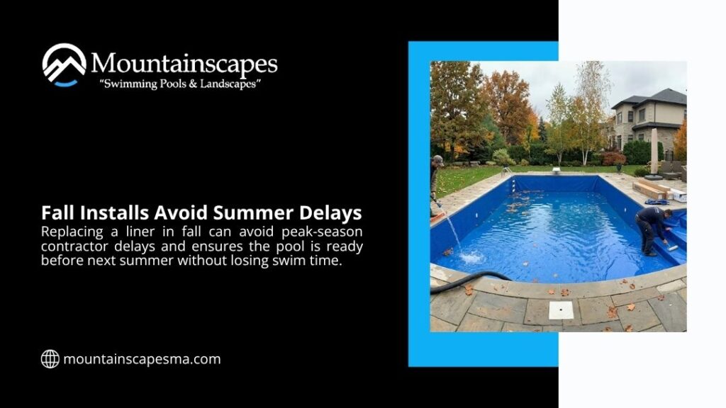 A technician installs a bright blue pool liner in autumn, illustrating how fall installs avoid summer delays and ensure the pool is ready for next season.