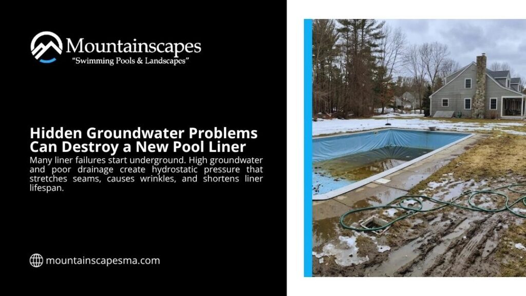 Muddy backyard pool with damaged liner illustrating hidden groundwater problems that can destroy a new pool liner through hydrostatic pressure.