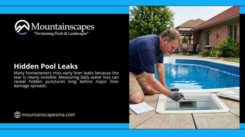 Mountainscapes infographic "Hidden Pool Leaks" showing a technician inspecting a pool skimmer box for liner damage at a residential backyard swimming pool.