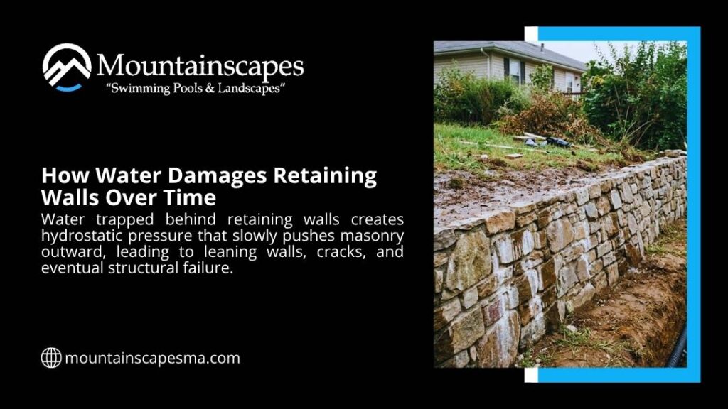 Mountainscapes infographic "How Water Damages Retaining Walls Over Time" with text on hydrostatic pressure and a photo of a leaning, cracked stone retaining wall showing erosion and water damage.