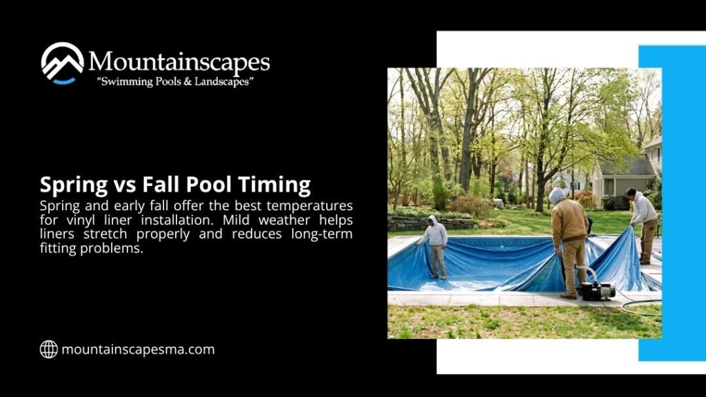 Workers installing a vinyl pool liner in mild weather, showcasing optimal spring vs fall pool timing for proper liner stretching and fit.