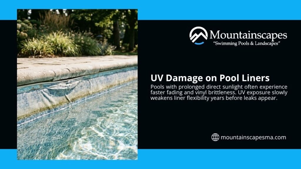 A faded and wrinkled pool liner along a stone pool edge, illustrating how UV damage weakens vinyl pool liners long before leaks appear.