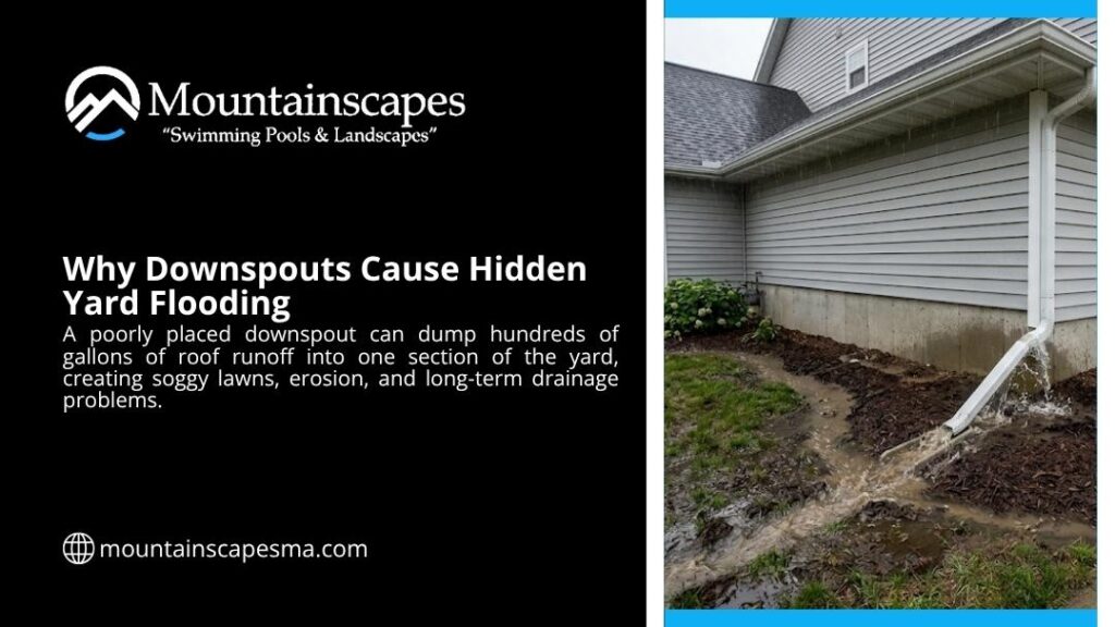 Mountainscapes infographic "Why Downspouts Cause Hidden Yard Flooding" showing heavy rainwater gushing from a downspout, flooding and eroding the soil beside a house foundation.