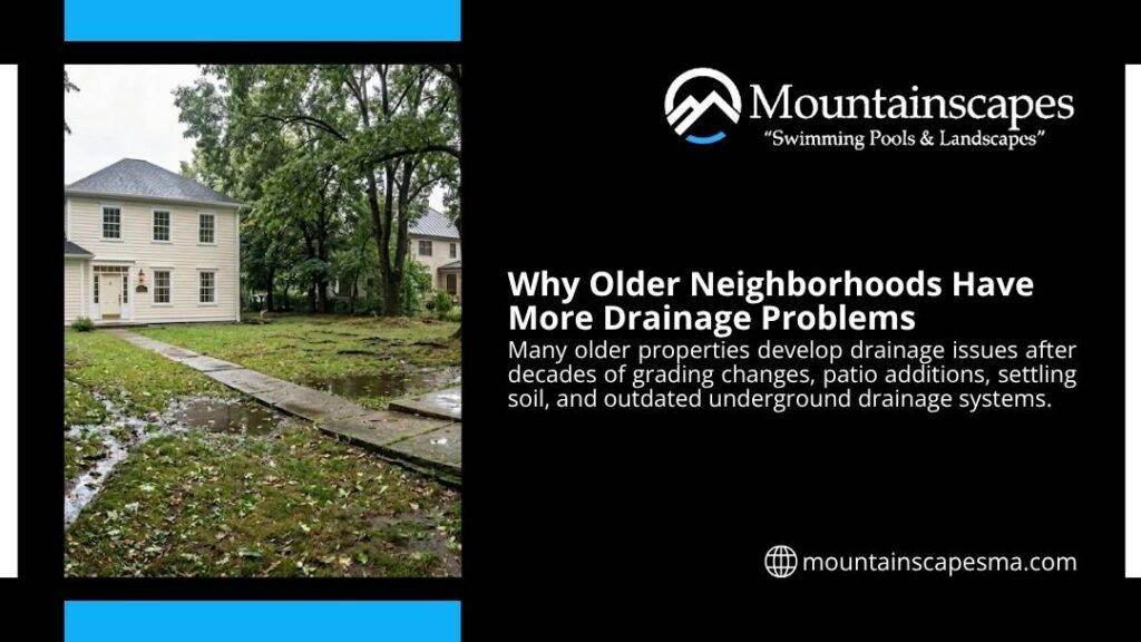Waterlogged lawn with pooling water beside an older colonial home, showing why older neighborhoods have more drainage problems due to outdated systems and settled soil.