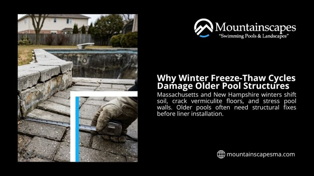 Cracked pool coping and deck measured by a gloved hand showing how winter freeze-thaw cycles damage older pool structures before liner installation.