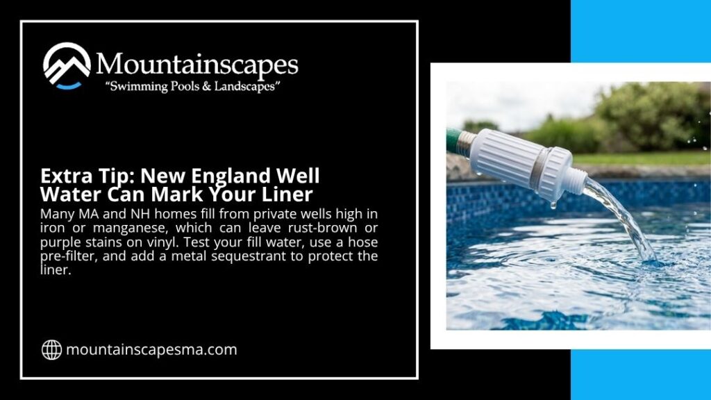 Hose with pre-filter filling a pool, showing how New England well water high in iron can stain a vinyl liner without treatment.