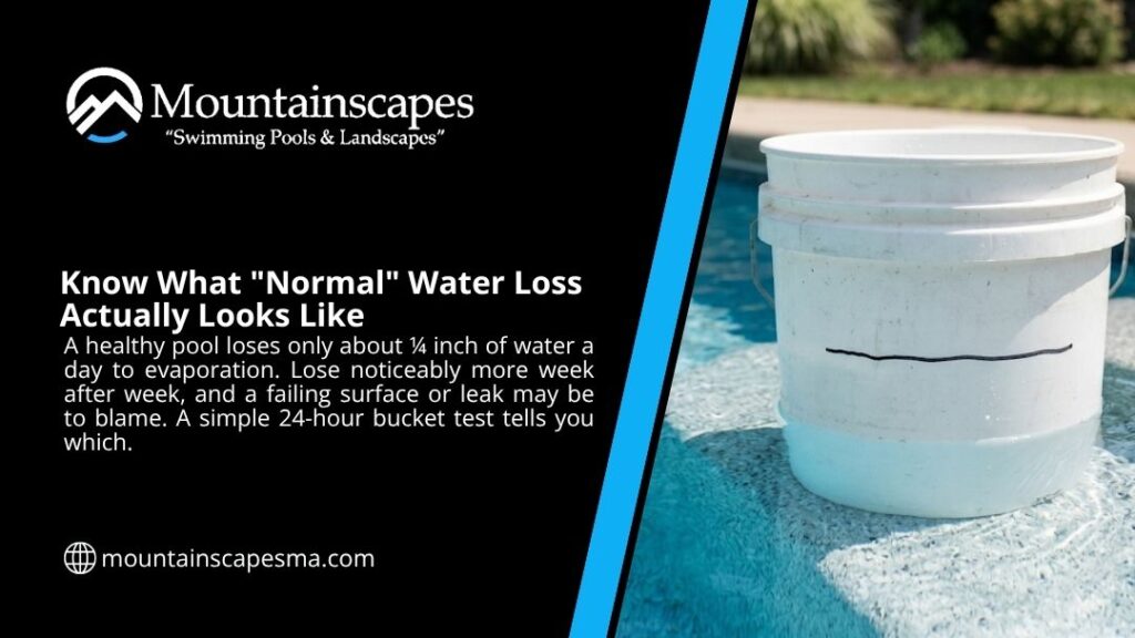 White bucket with a water line marked on a pool step, demonstrating a 24-hour bucket test to check normal pool water loss versus a leak.
