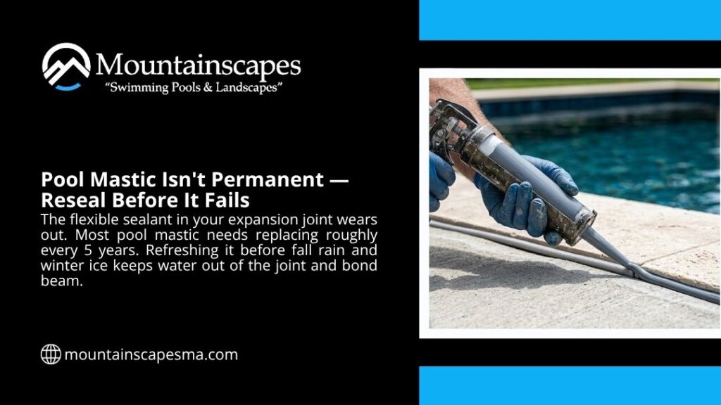 Worker applying fresh pool mastic sealant into an expansion joint, showing the need to reseal roughly every 5 years before it fails