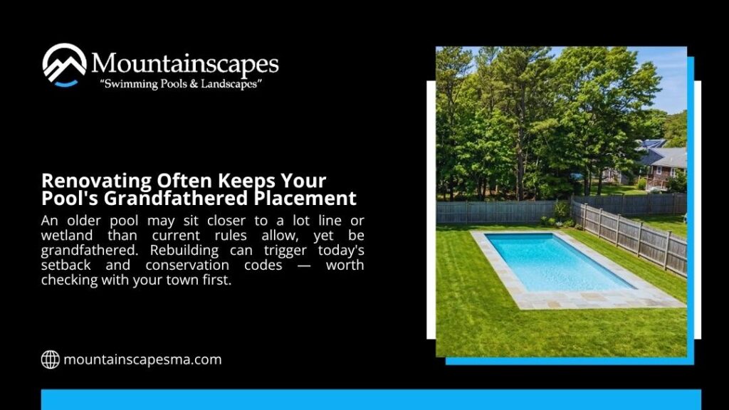 Inground pool near a fenced lot line in a wooded backyard, showing how renovating keeps a pool's grandfathered placement under older codes.