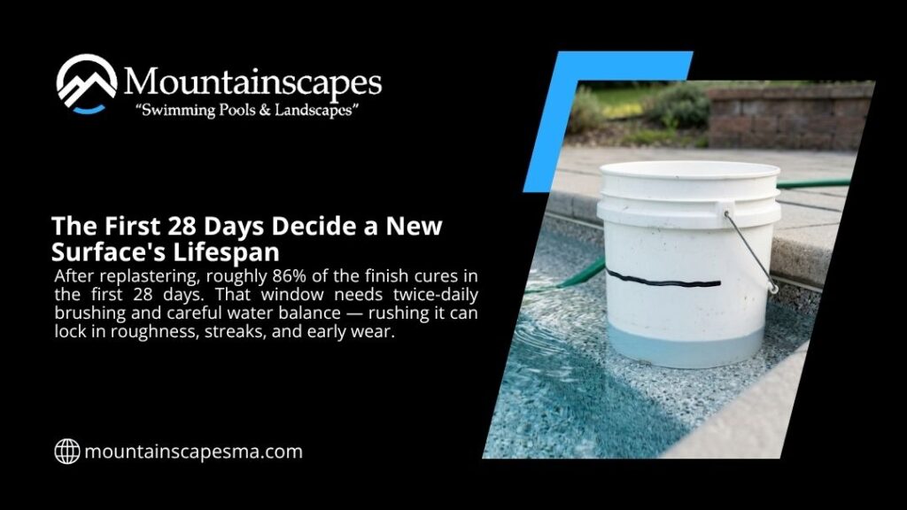 Signs Your Pool Needs to Be Resurfaced
- White bucket on a pool step during the first 28 days of a new plaster surface curing, when brushing and water balance set its lifespan.
