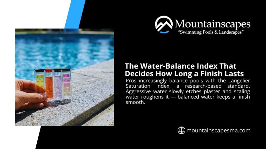 Hand holding a pool water test kit with color samples poolside, showing how water balance and the Langelier Index protect a pool finish.
