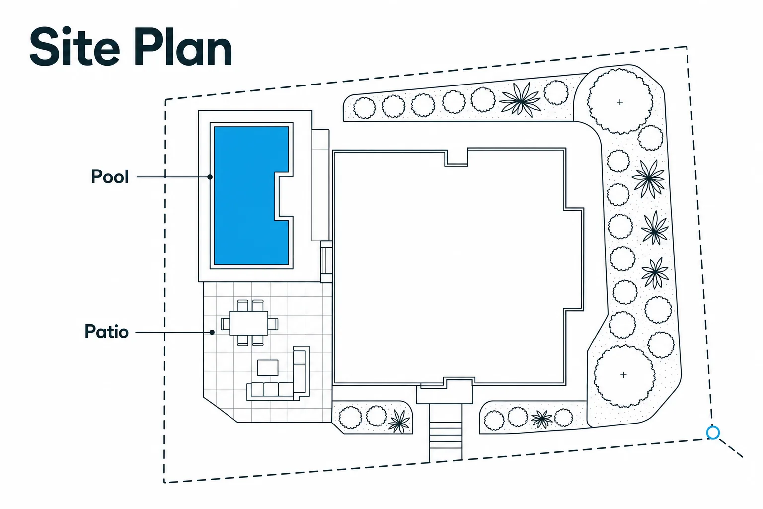 Flat vector top-down site plan showing labeled pool, patio, and planting zones with property setbacks.