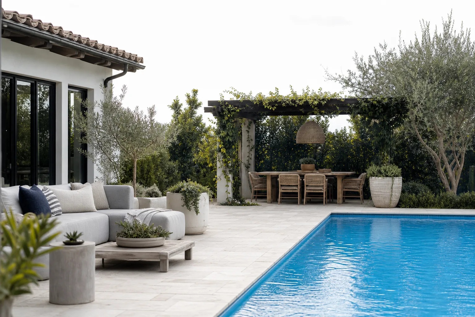 A paver patio with lounge and dining seating beside a backyard pool, set up for relaxing and entertaining.