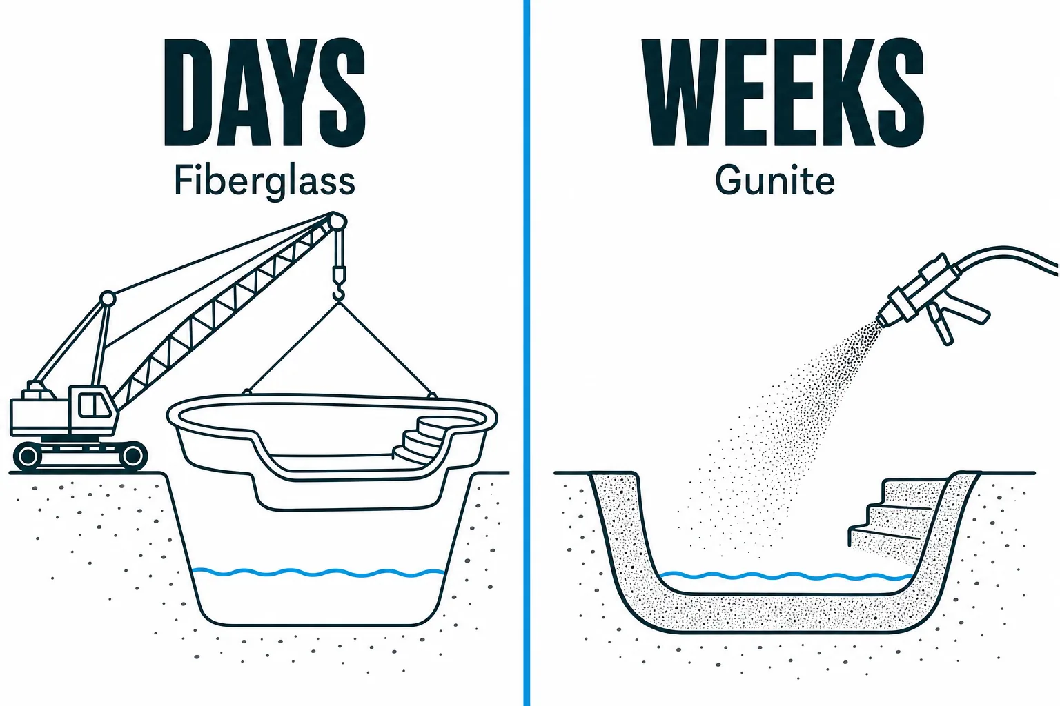 Side-by-side comparison of a fiberglass pool seated in days versus a gunite pool curing over weeks.