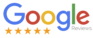 Google Reviews logo graphic with colorful Google lettering and five orange stars below